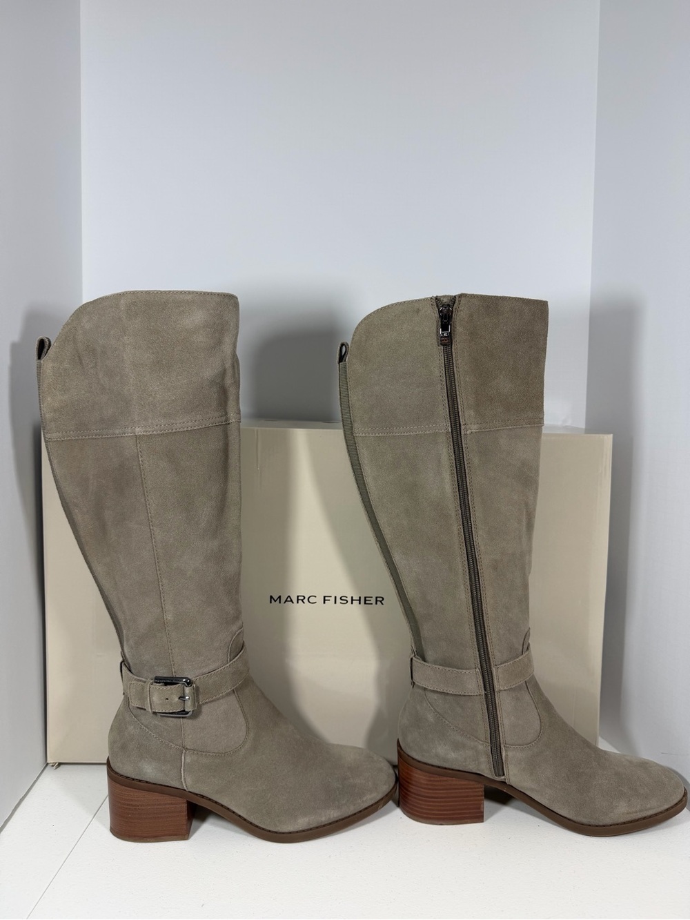 Marc Fisher Taupe Suede Over-the-Knee Buckle Boots